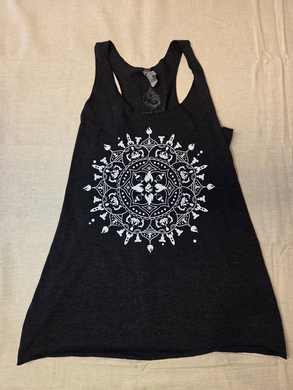 Women's Black Racerback Tank Top with White Mandala Print